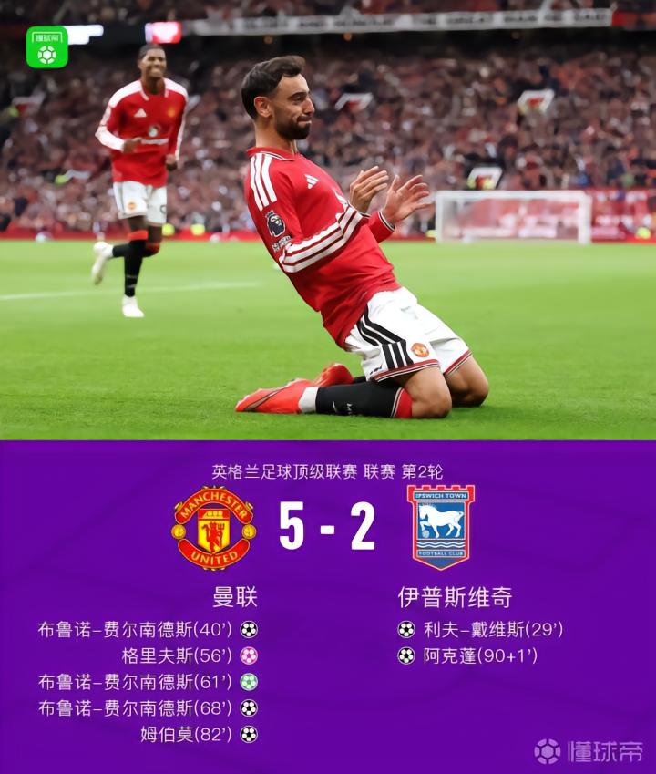 曼联5-2伊普斯维奇,B费帽子戏法助队逆转
